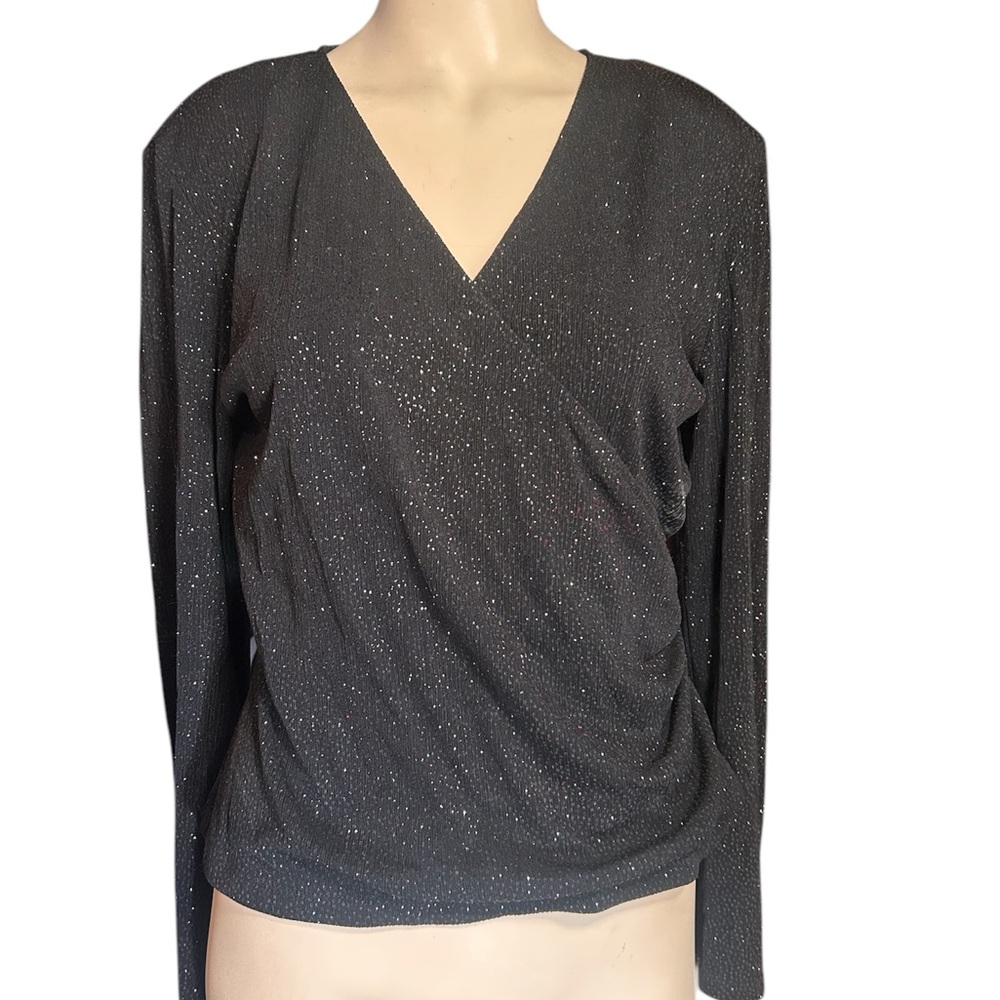 Gray Long Sleeve Wrap Blouse with Subtle Sheen